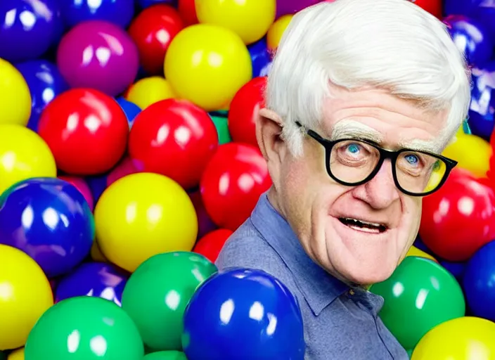 Image similar to photo still of phil donahue in a ball pit!!!!!!!! at age 6 6 years old 6 6 years of age!!!!!!!! hiding from parents, 8 k, 8 5 mm f 1. 8, studio lighting, rim light, right side key light