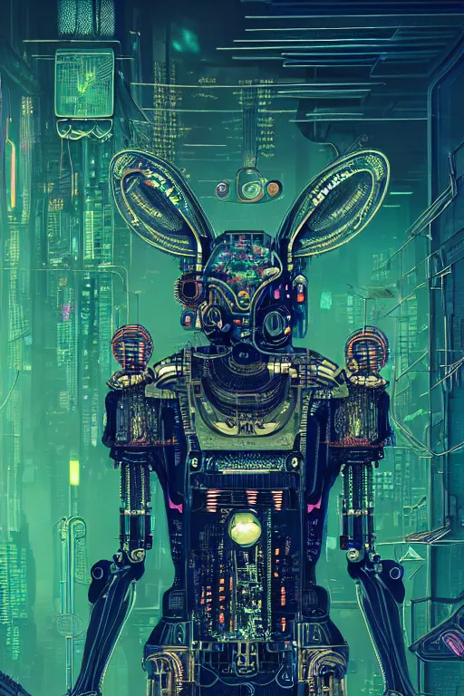 Prompt: a cyberpunk metal hyperdetailed beautiful 4 k hd wallpaper tarot card design, the content of which is a rabbit head and a retropunk background, outside the picture is a cyberpunk mechanical frame, simple and perfect structure, style of victo ngai, james jean, daniel merriam, backlight, elegant, smooth, octane render