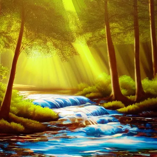 Image similar to forest, sun rays, with a river sparkling acryl painting 4 k