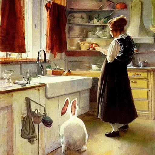 Prompt: a rabbit and a young edwardian woman in a french cozy kitchen, in the style of anders zorn