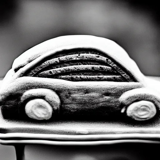 Image similar to car in bread, photograph, 4 k black and white photograph