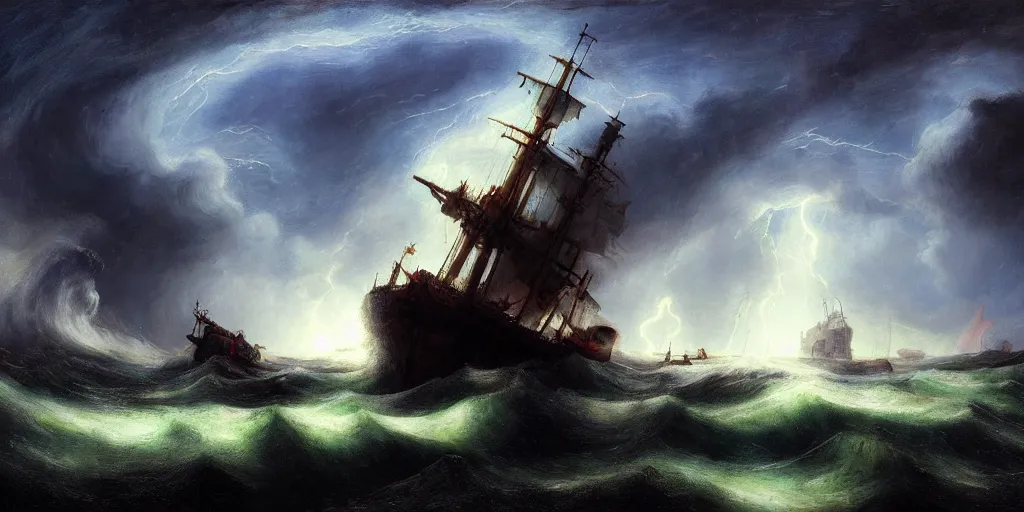 Prompt: a concept art of the greatest seafarer of all time looking at storm which destroyed ship. he was the only one who survived, but at what cost, intricate details, detailed sky, starry night, artstation, epic scenery, colourful sky, by marco bucci and rembrandt