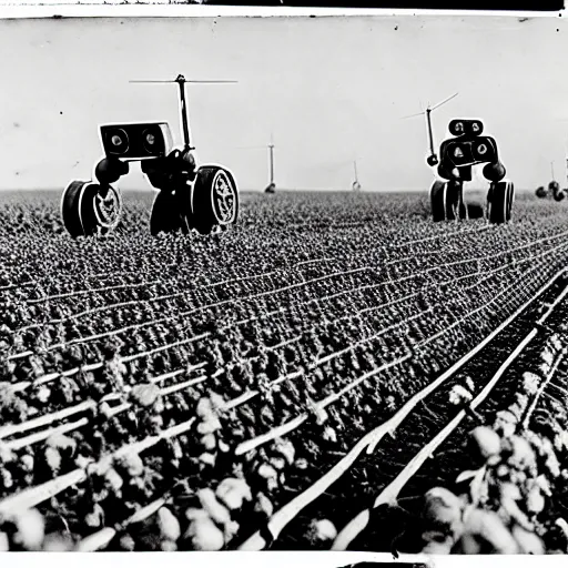 Image similar to robots working in the cotton field , 1824 , old photograph , 4k , HD