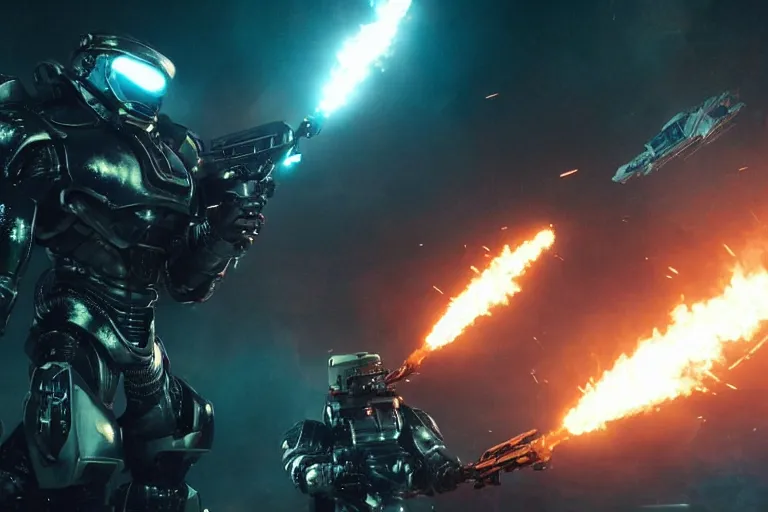 Image similar to VFX movie of a futuristic inhuman alien spacemarines in future spaceship, firing gun at space pirates detailed creature skin neon lighting combat by Michael Bay