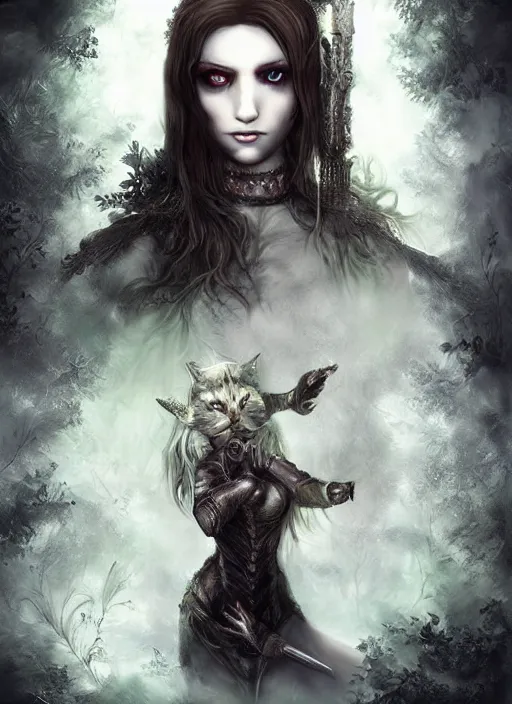 Image similar to medieval female warrior, green eyes, dark forbidden forest, wolves, white cat, by Lecouffe-Deharme, by Natalie Shau