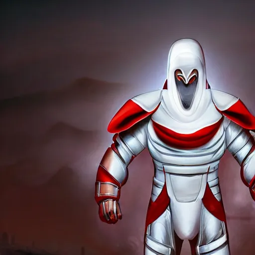 Image similar to portrait of a tall athletic muscular infantry man in glossy sleek white armor with tiny red details and a long red cape, heroic posture, on the surface of mars, night time, dramatic lighting, cinematic, sci-fi, hyperrealistic, movie still