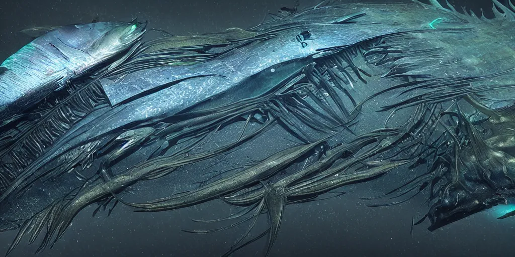 Prompt: sailfish, stylized layered textures, long flowing fins, bioluminescent orbs, 3 d render, substance painter, glowing eye, smooth, sharp focus, art by h r giger