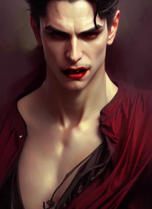 Image similar to ultra realistic illustration, handsome vampire. intricate, elegant, magic, highly detailed, digital painting, artstation, concept art, smooth, sharp focus, illustration, art by artgerm and greg rutkowski and alphonse mucha and wlop