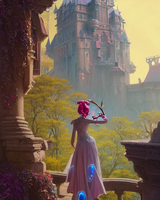 Image similar to highly detailed surreal vfx portrait of a female candypunk mage in a majestic castle by golden tree, stephen bliss, unreal engine, greg rutkowski, loish, rhads, beeple, makoto shinkai and lois van baarle, ilya kuvshinov, rossdraws, tom bagshaw, alphonse mucha, global illumination, detailed and intricate environment