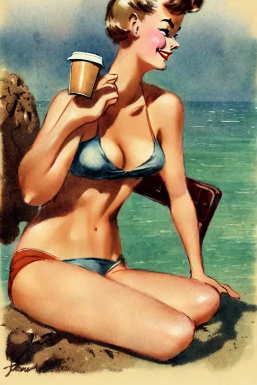 Image similar to 1950s adventure bikini girl drinking coffee with friends, character illustration. muted colors, by Jean-Baptiste Monge