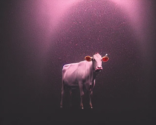 Prompt: cow, cave with crystals, glitter, volumetric light, foggy, smokey, moody, kodak photography, cyan and pink light