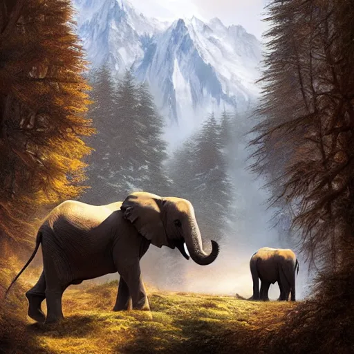 Image similar to ghost elephants in the Alps, Darrell K Sweet, artstation, concept art, digital art