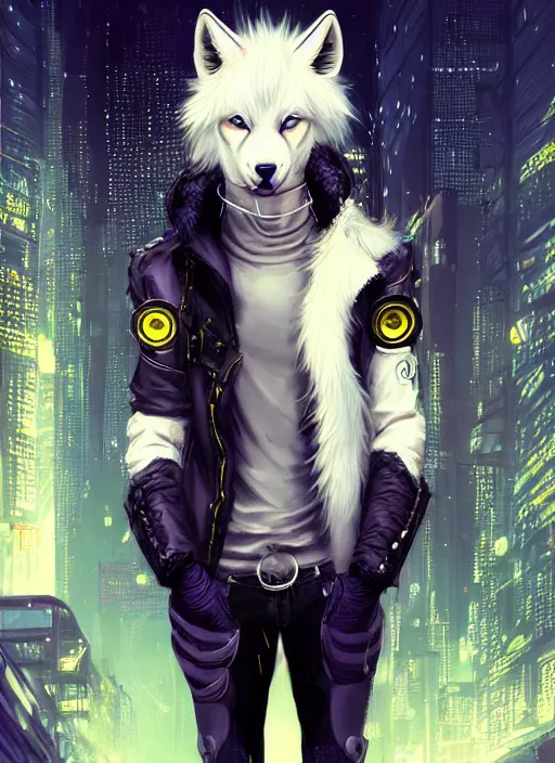 Prompt: award winning beautiful portrait commission of a male furry anthro albino wolf fursona with a tail and a cute beautiful attractive detailed furry face wearing stylish black and yellow cyberpunk biker clothes in a cyberpunk city at night while it rains. Character design by charlie bowater, ross tran, artgerm, and makoto shinkai, detailed, inked, western comic book art