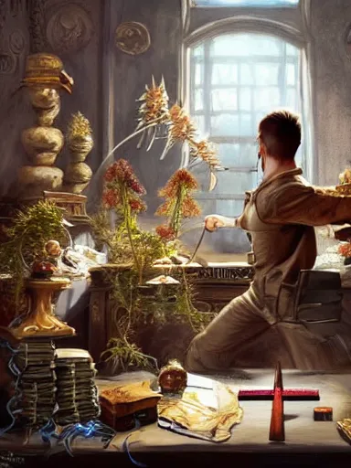 Prompt: a powerful male magician working in a table full of artifacts. weeds anf flowers growing on the floor. intricate, elegant, highly detailed, digital painting, artstation, concept art, sharp focus, illustration, by justin gerard and artgerm, 8 k