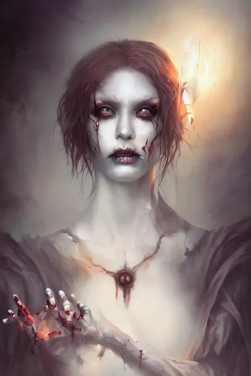Prompt: a hauntingly beautiful zombie girl, painted by artgerm and tom bagshaw, fantasy art, dramatic lighting, highly detailed digital art