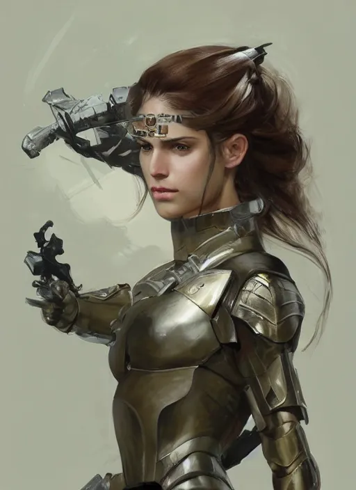 Image similar to a professional painting of a beautiful young female, clothed in military armor, olive skin, long dark hair, beautiful bone structure, symmetrical facial features, intricate, elegant, digital painting, concept art, smooth, sharp focus, illustration, from Metal Gear, by Ruan Jia and Mandy Jurgens and Artgerm and William-Adolphe Bouguerea