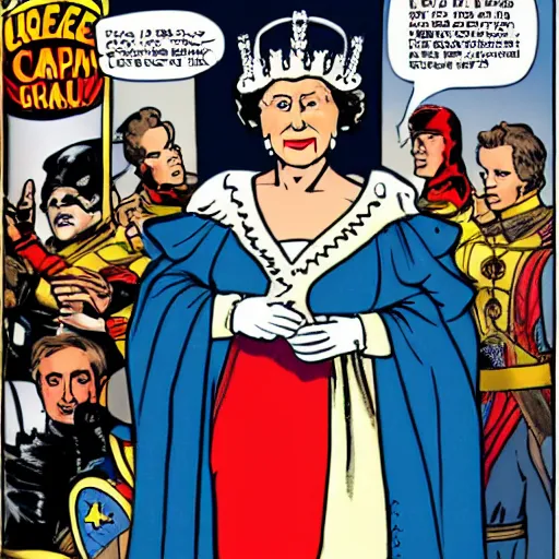 Prompt: Queen Elizabeth as Captain Britainica from Marvels Avengers, age of Duracell