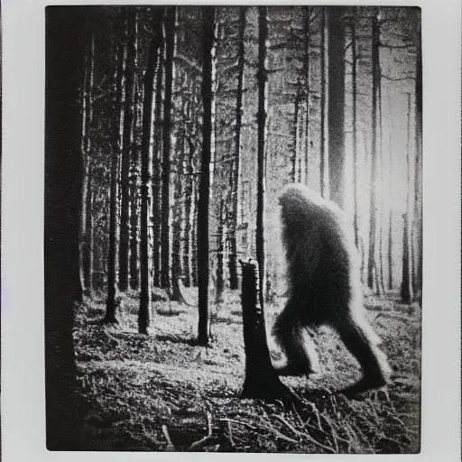 Image similar to a tarkovsky style polaroid photo of a real life bigfoot