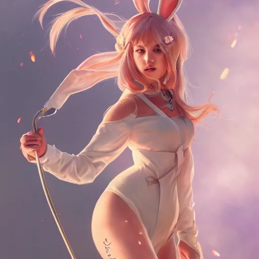 Image similar to sage ( valorant ), wearing a bunny suit, cg animation, riot entertainment, arcane, ponytail hair, realistic, character select portrait, by artgerm, greg rutkowski, alphonse mucha, 3 d, pixiv, full body