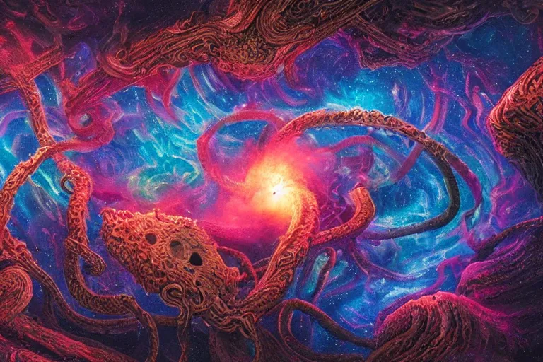 Prompt: a giant skull and flesh creature with deep and intricate rune carvings and twisting lovecraftian tentacles emerging from a space nebula by dan mumford, twirling smoke trails, a twisting vortex of dying galaxies, collapsing stars, digital art, photorealistic, vivid colors, highly detailed, intricate