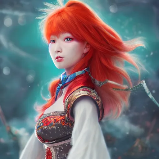 Prompt: highly detailed key visual concept portrait of a red hair beautiful girl in a genshin impact, fantasy illustration, by coco kim, photorealistic, unreal engine, blender render, detailed and intricate environment, trending on artstation