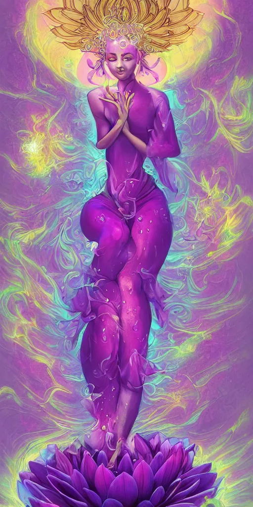 Image similar to 'lotus goddes, full body, purple, pink, yellow, concept character, water drops, lotus flower, beautiful, stunning, pink mist, radiating power, energy, god rays, luminescence, fractal, style of james jean, akira, satoshi con'