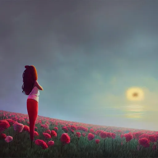 Image similar to giant carnation flower head, girl in suit, surreal photography, sunrise, dramatic light, impressionist painting, digital painting, artstation, simon stalenhag