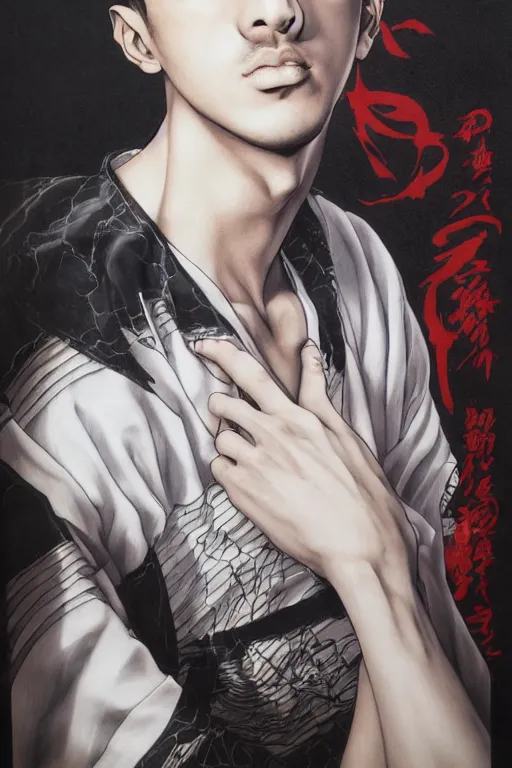 Image similar to beautiful medium shot manga portrait of mahmood inspired by ayami kojima with short hair dressed with a white t - shirt, white background white bank studio light, art by yoshitaka amano, hiroaki samura, jiro matsumoto and yusuke murata, sharp focus, high quality, 8 k