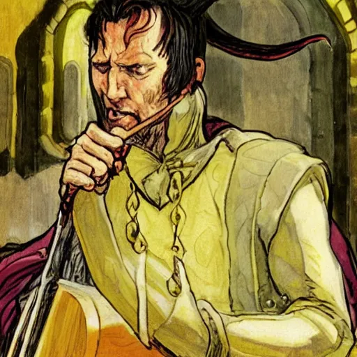 Image similar to D&D character portrait tiefling bard in a tavern playing a song but bad designed by john romita jr. painted by Edwin Austin Abbey
