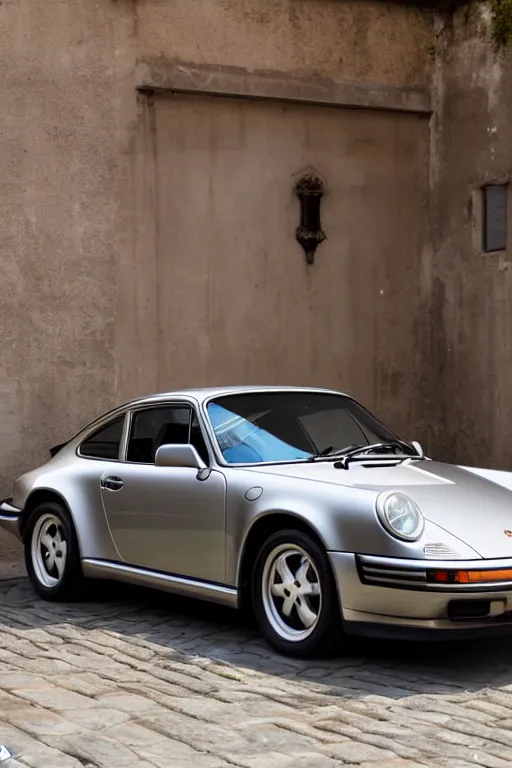 Image similar to Photo of a silver Porsche 911 Carrera 3.2 parked on a dock in Lake Como, daylight, dramatic lighting, award winning, highly detailed, 1980s, luxury lifestyle, fine art print, best selling.