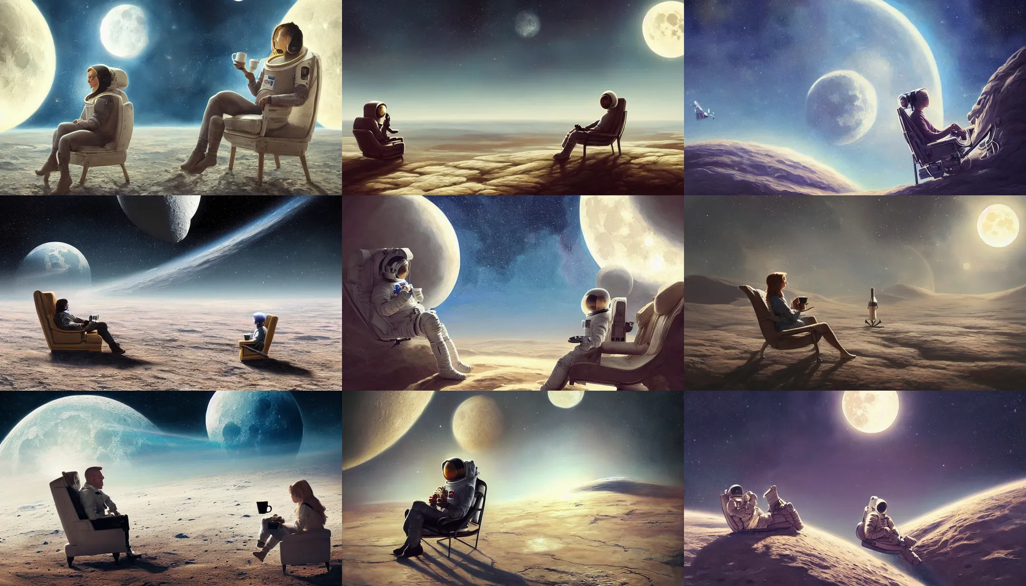 Prompt: beautiful painting of astronaut sitting in armchair at moon ground with cup of coffee looking at far earth, wide shot, digital painting, intricate details, trending on artstation, concept art, octane render, realistic, highly detailed, smooth, sharp focus, beautiful, 4 k, 8 k, hd, art by charlie bowater and artgerm and greg rutkowski