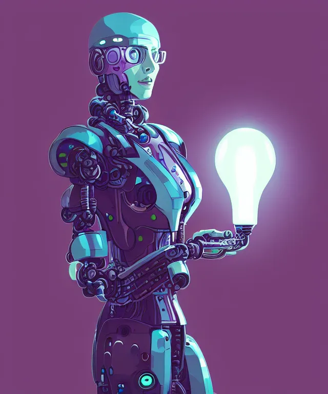 Prompt: a portrait of a cyberpunk robot holding a light bulb, fantasy, elegant, digital painting, artstation, concept art, matte, sharp focus, illustration, art by josan gonzalez