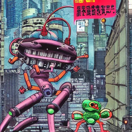 Prompt: huge frog robot devastating the city, by yoichi hatakenaka, masamune shirow