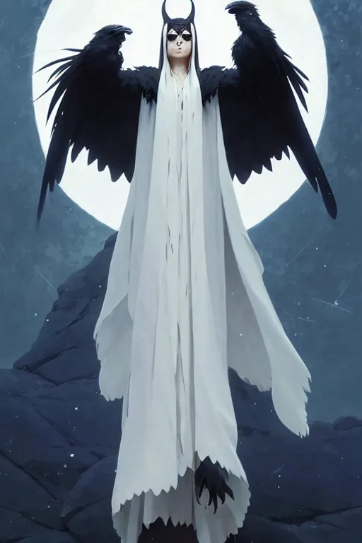 Image similar to raven headed warlock doing magic spells wind, white robes, finely detailed perfect face, exquisite details, mid view, design on a white background, by studio muti, greg rutkowski makoto shinkai takashi takeuchi studio ghibli