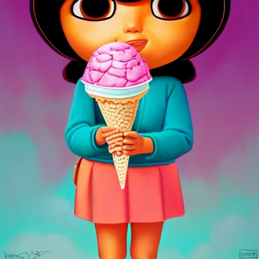 Image similar to dora the explorer as real girl holding ice cream, detailed, intricate complex background, Pop Surrealism lowbrow art style, mute colors, soft lighting, by Mark Ryden, artstation cgsociety