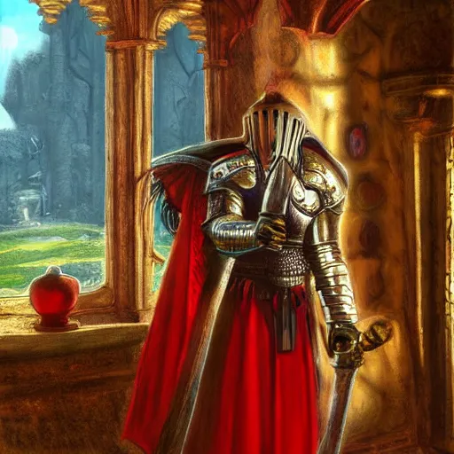 Prompt: knight, fantasy art, located in a castle, red armor, morning sunlight through the window, decorated, high quality, highly detailed,