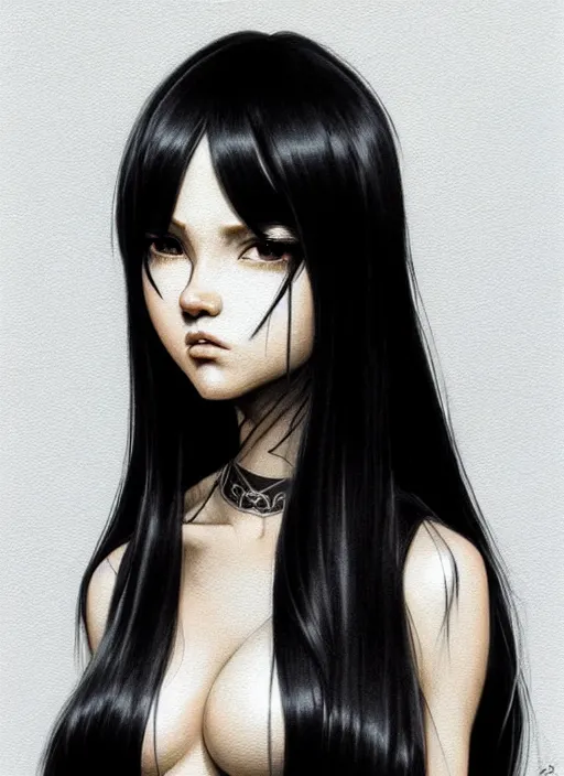 Image similar to full body portrait of long black hair girl within a streetwear. porcelain warforged, cynical face, concept art, character illustrations, intricate, highly detailed 8 k, smooth, matte, sharp focus, rim light, beautiful and aesthetic shape of face and body, artgerm, artstation, art by junpei suzuki