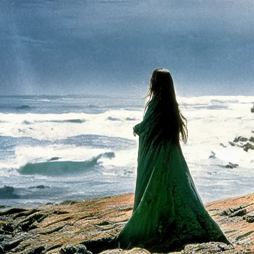 Prompt: 1 9 7 0's artistic spaghetti western movie in color, a woman in a giant billowy wide flowing waving dress made out of sea foam, standing inside a green mossy irish rocky scenic landscape, crashing waves and sea foam, volumetric lighting, backlit, moody, atmospheric