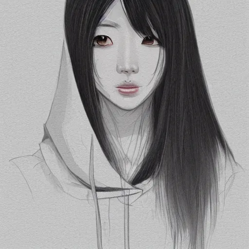 Image similar to portrait of a beautiful korean girl with very long hair and bangs, angular features, angry expression, wearing a black hoodie, in the style of A-1 studio, extremely clean lines, anime and manga style, anime concept art