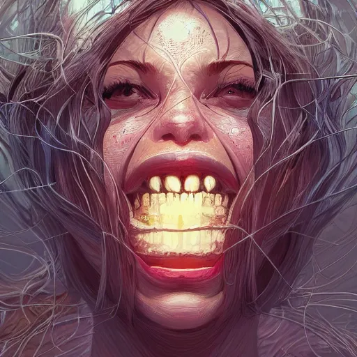 Prompt: wide open wife mouth, close - up, defiant, light effect, hyper detailed, intricate, elegant, highly detailed, digital painting, artstation, concept art, matte, sharp focus, illustration, by dan mumford, yusuke murata, makoto shinkai, ross tran