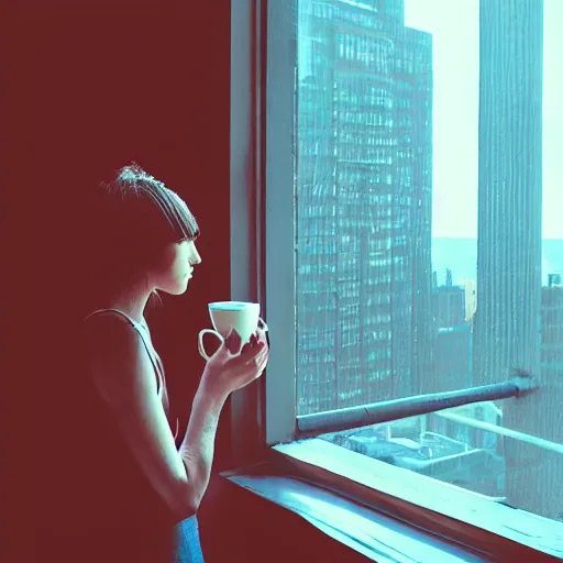 Image similar to “ a girl holding a cup of coffee looking out a window overlooking the east village in new york city, morning light, by beeple ”