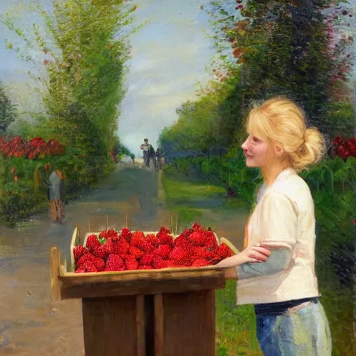 Prompt: Cute Blonde Girl 21 years old with locks sells Strawberries in a fruit stand, oil on canvas, Impressionism