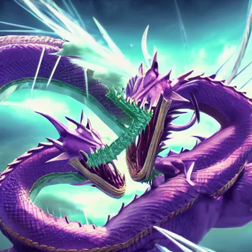 Image similar to shenron fighting bahamut, hyper realistic, cg animation, final fantasy, dragon ball z