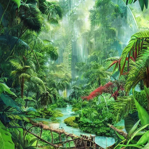 Image similar to a village in the rainforest, highly detailed, hd, beautiful, sharp focus, vine, lush plants, smoothly, artstation, by john berkey