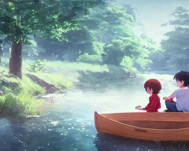 Image similar to a boy and a girl sitting together in a boat on a streams. Trees. By Makoto Shinkai, Stanley Artgerm Lau, WLOP, Rossdraws, James Jean, Andrei Riabovitchev, Marc Simonetti, krenz cushart, Sakimichan, trending on ArtStation, digital art.