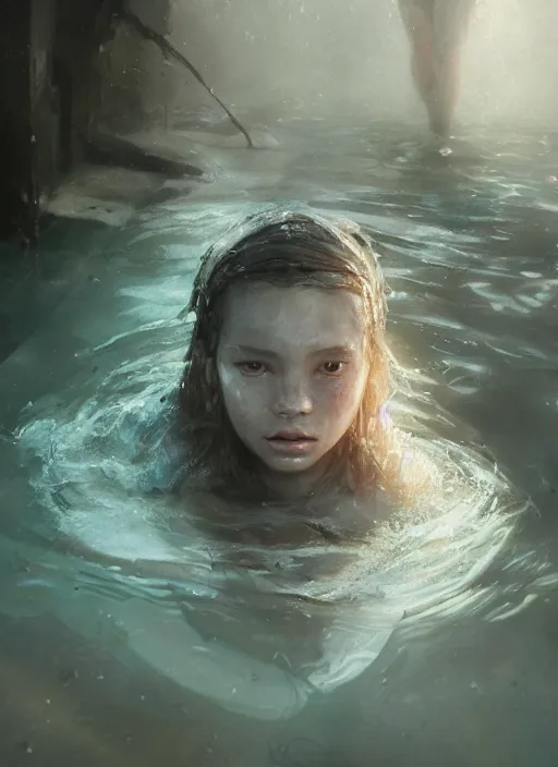 Image similar to A fancy portrait of an injured girl submerged in water by Greg Rutkowski, Sung Choi, Mitchell Mohrhauser, Maciej Kuciara, Johnson Ting, Maxim Verehin, Peter Konig, Bloodborne, 8k photorealistic, cinematic lighting, HD, high details, dramatic, atmospheric , trending on artstation