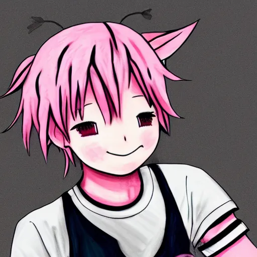 Prompt: a highly detailed portrait drawing of a cute anime teen boy with pink hair and pink wolf ears, smiling, collar, artstation, fantasy
