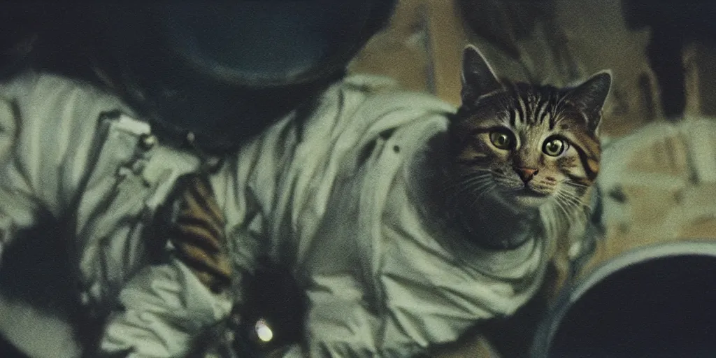 Image similar to detailed medium format photo, polaroid still from tarkovsky movie, cat in a spacesuit, haze, high production value, intricate details, 8 k resolution, hyperrealistic, hdr, photorealistic, high definition, tehnicolor, award - winning photography, masterpiece, amazing colors