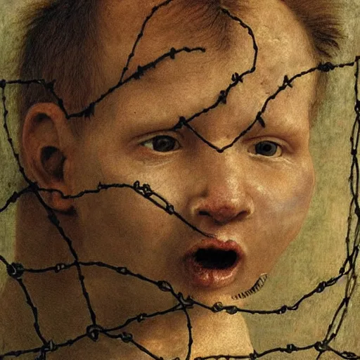 Image similar to a boy made of barbed wire looking into camera, screaming in pain, by giuseppe arcimboldo and ambrosius benson, renaissance, intricate and intense oil paint, a touch of beksinski and hr giger and edward munch, realistic