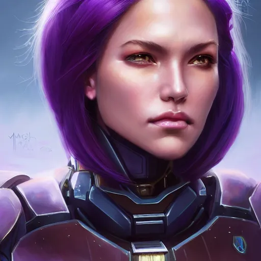 Image similar to a portrait of a very beautiful woman in battletech elemental clanner clan battle armor, Alexandria\'s genesis, chin-length purple hair, bored, illustration, soft lighting, soft details, painting oil on canvas by mark arian by artgerm, trending on artstation, 4k, 8k, HD